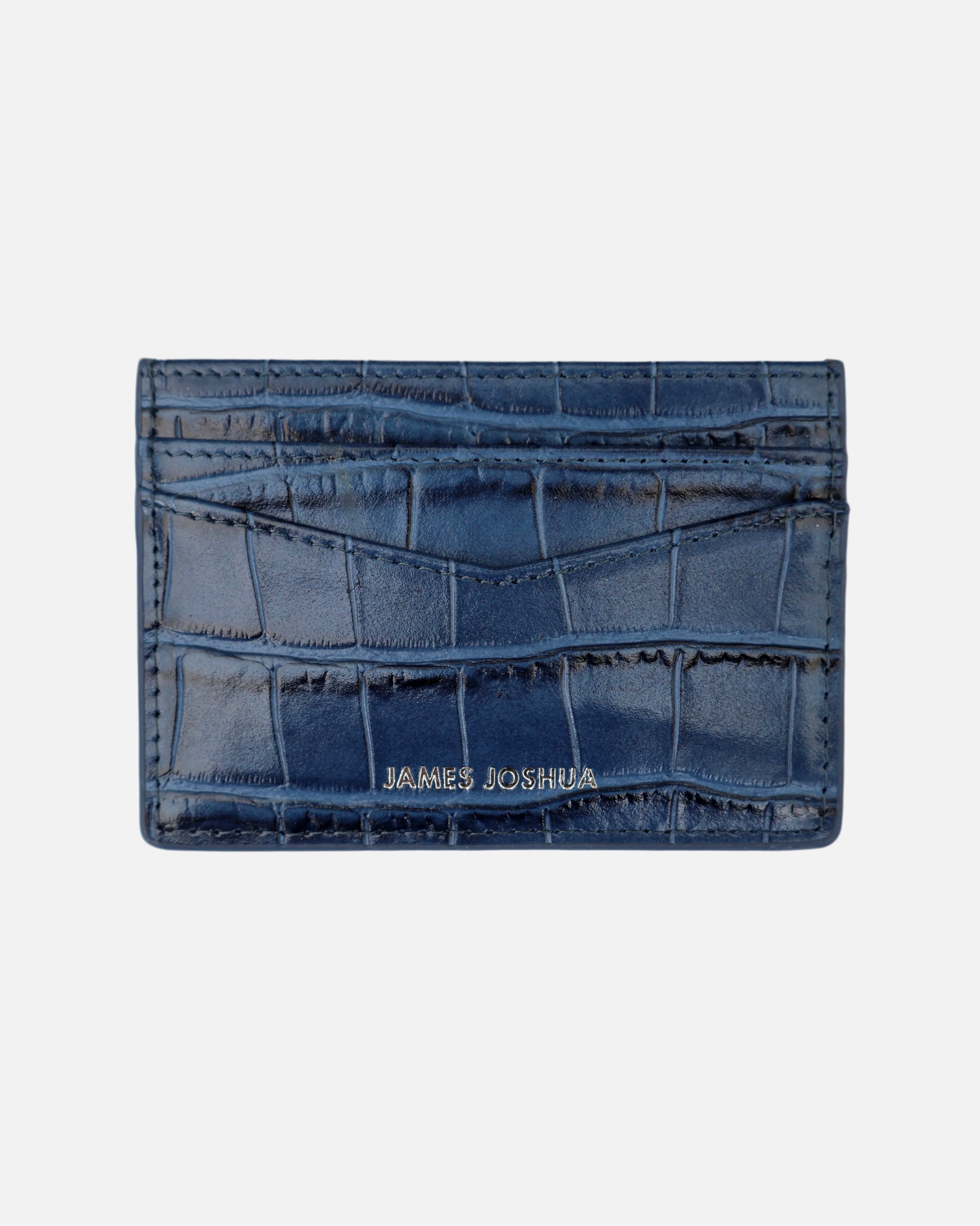 Blue textured cardholder with 'James Joshua' branding on a white background