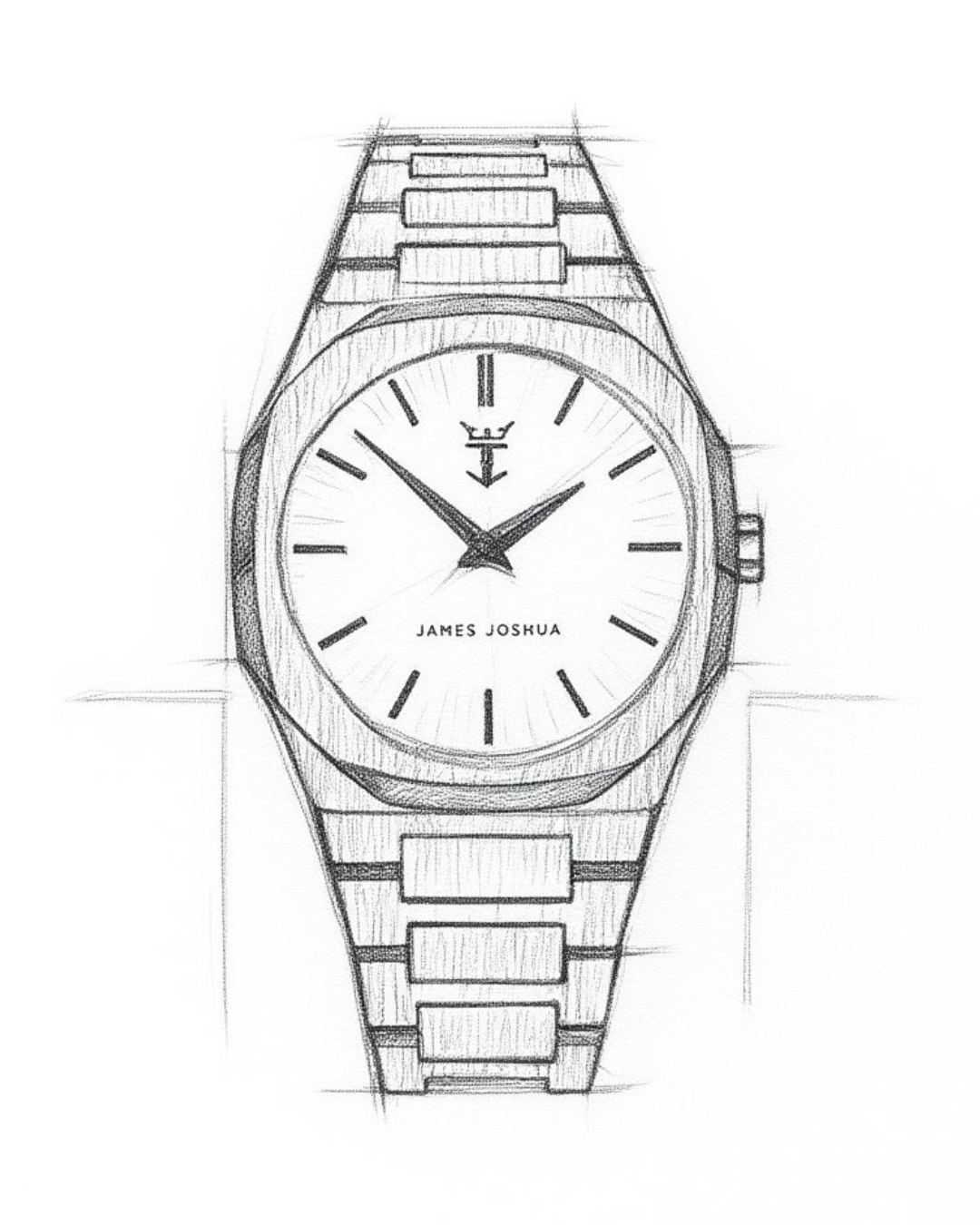 Line drawing of a silver watch with a white face on a white background