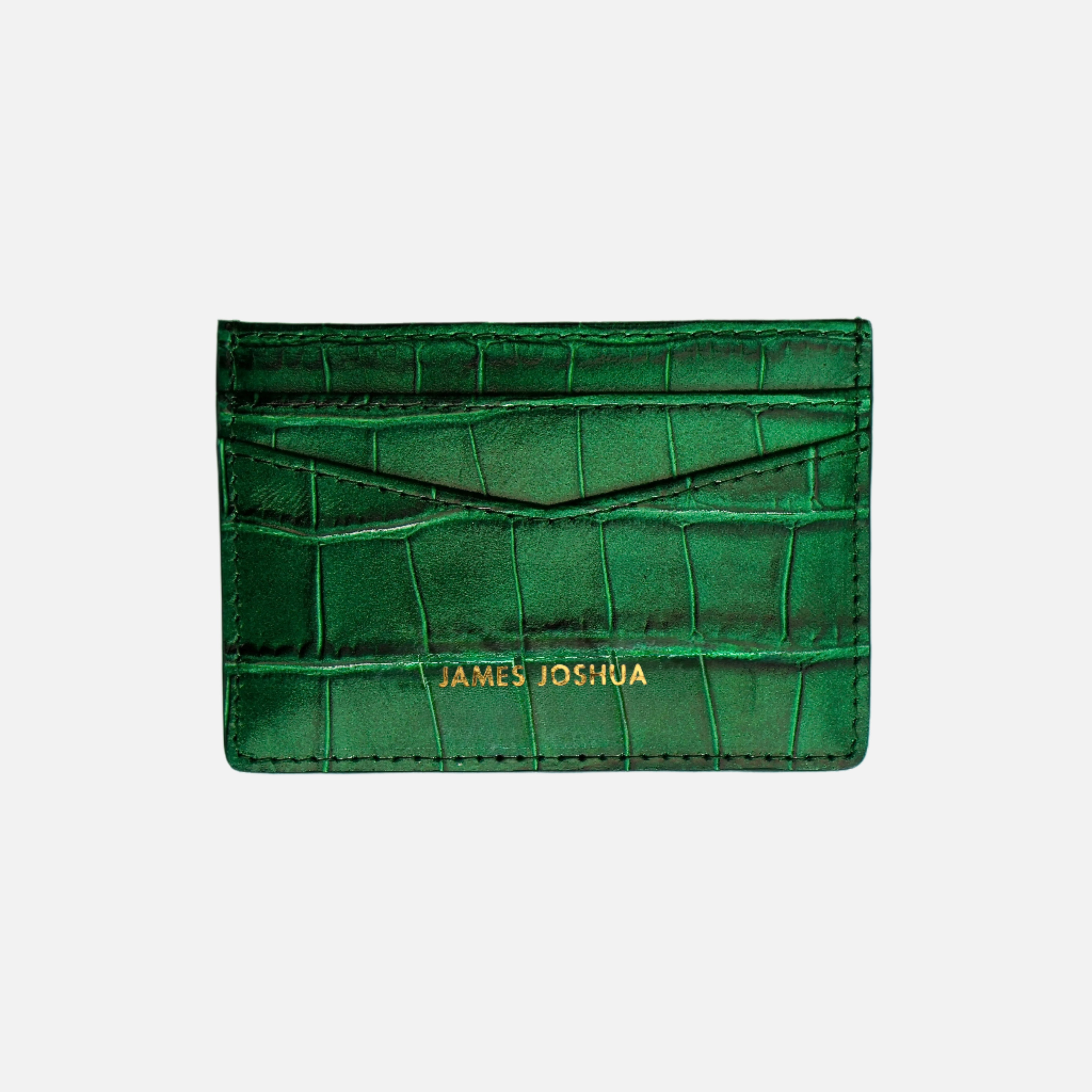 Green textured cardholder with 'James Joshua' branding on a white background