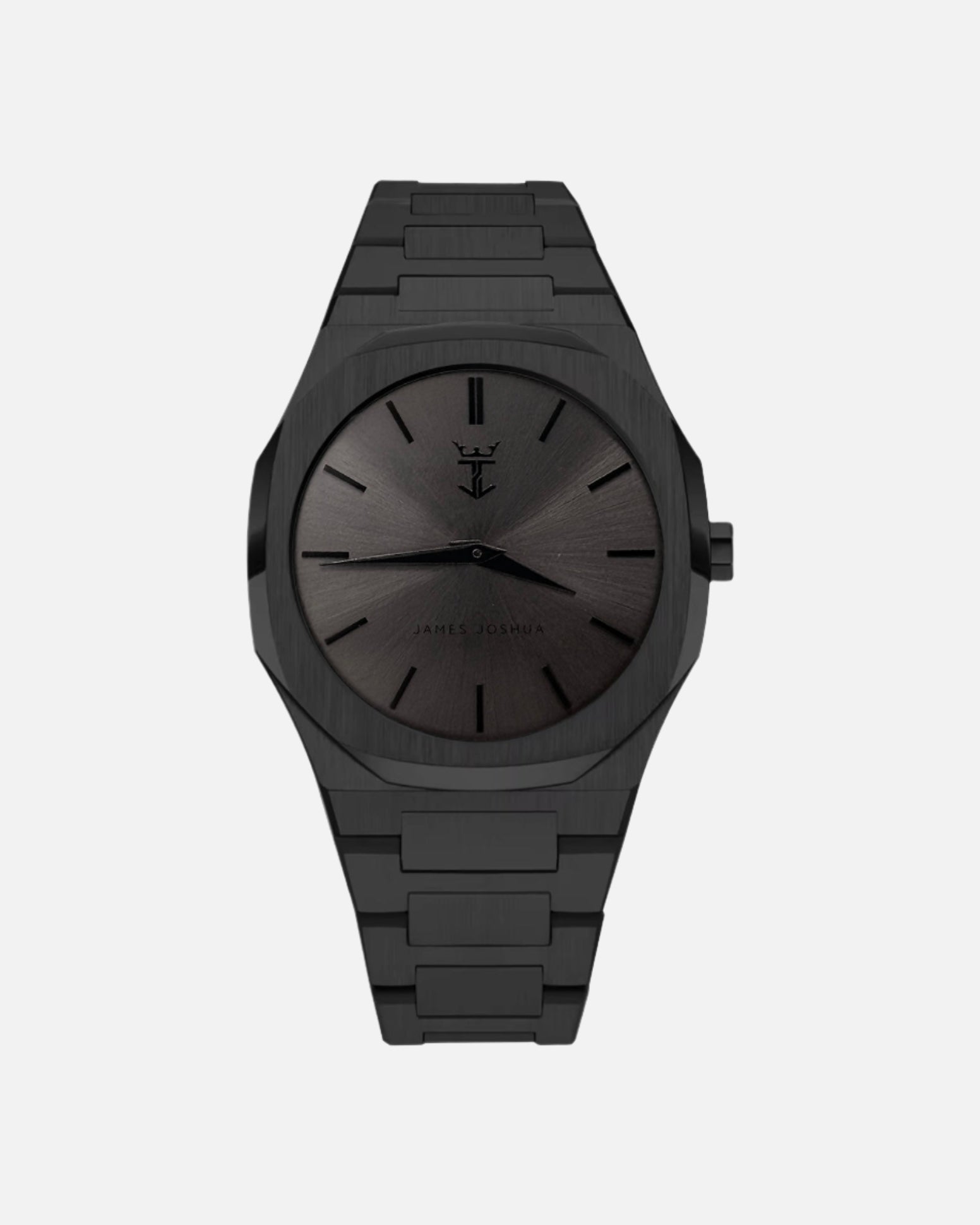 Black watch with a minimalist design on a white background